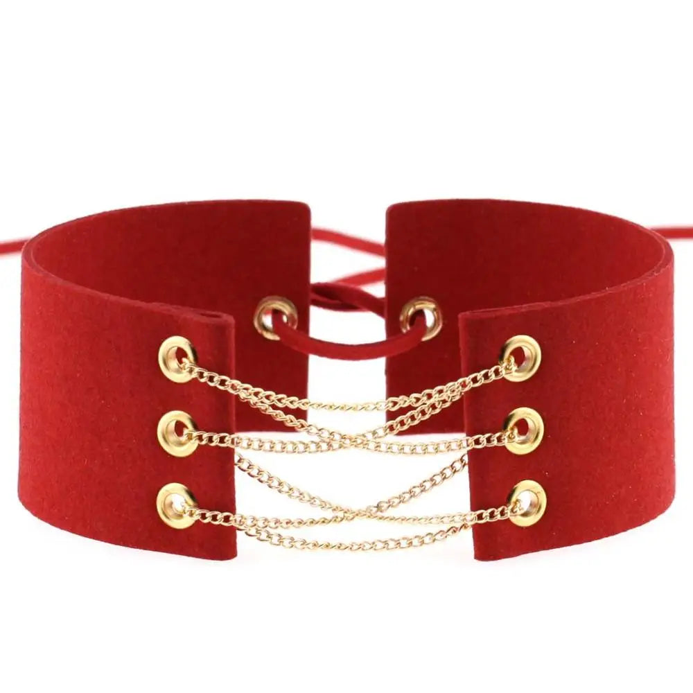 Glamorous Black Velvet Choker Necklace with Gold Silver Chain and Lace-Up Design