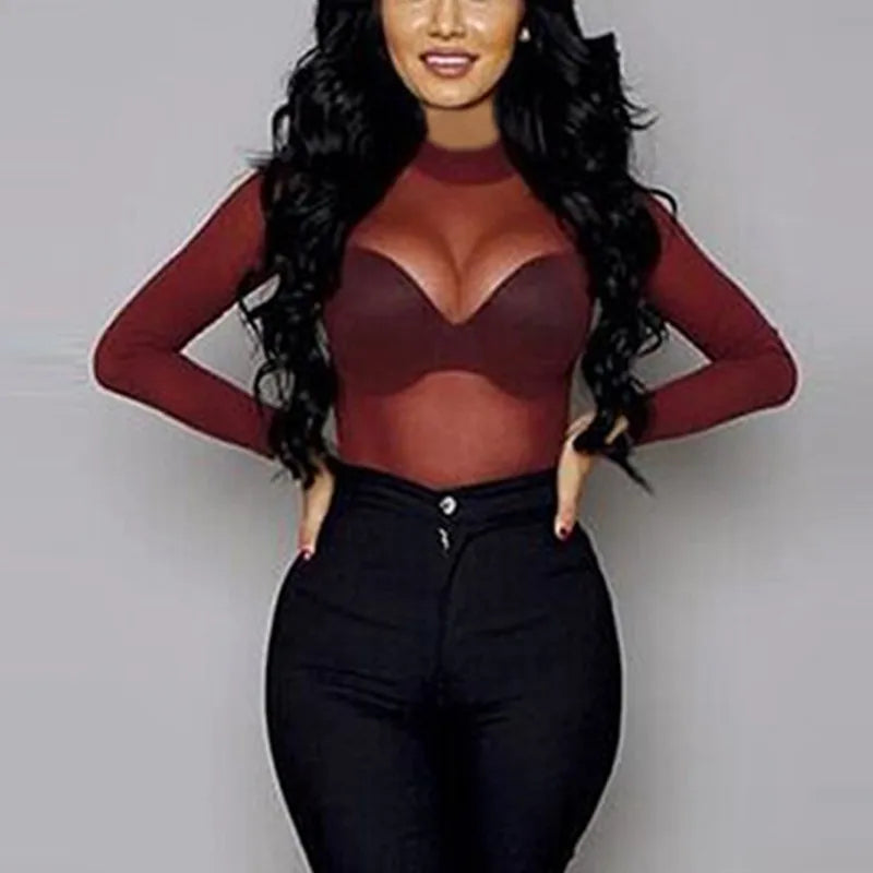 Dozw Women See Through Mesh Top Long Sleeve Turtleneck