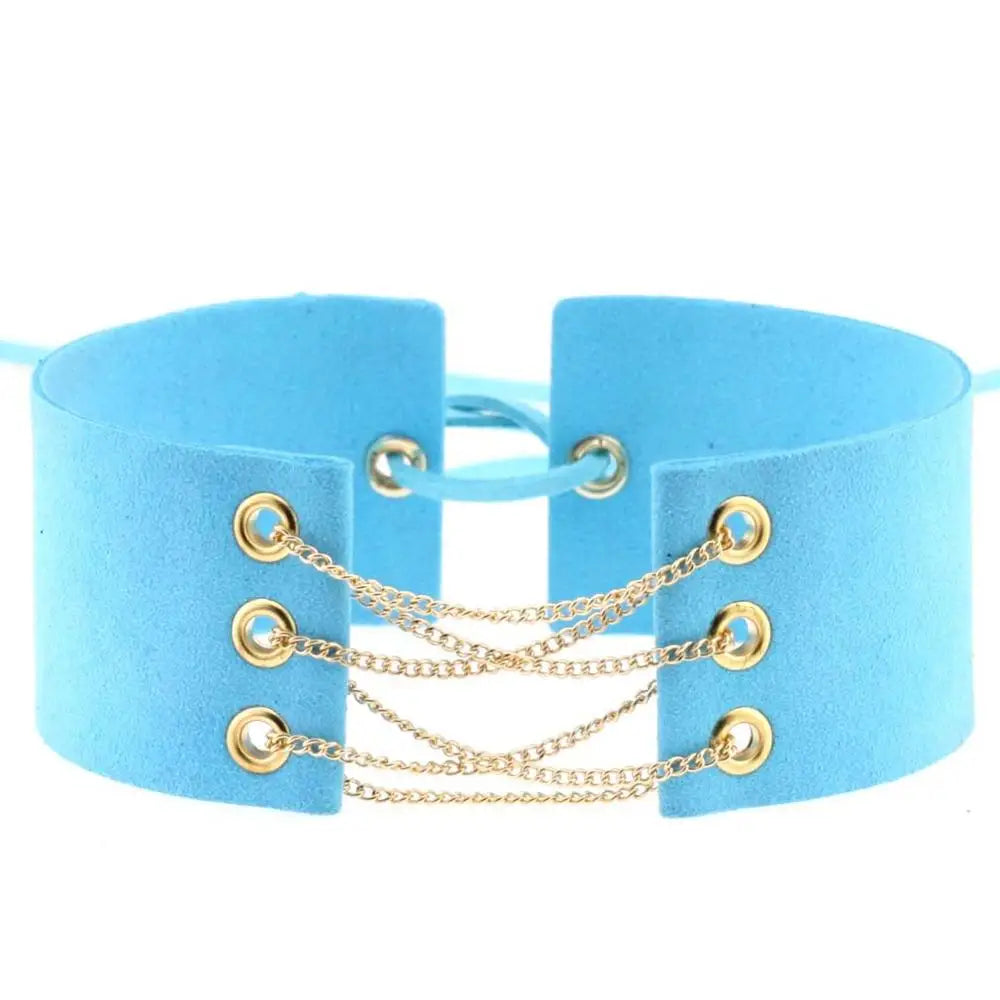 Glamorous Black Velvet Choker Necklace with Gold Silver Chain and Lace-Up Design