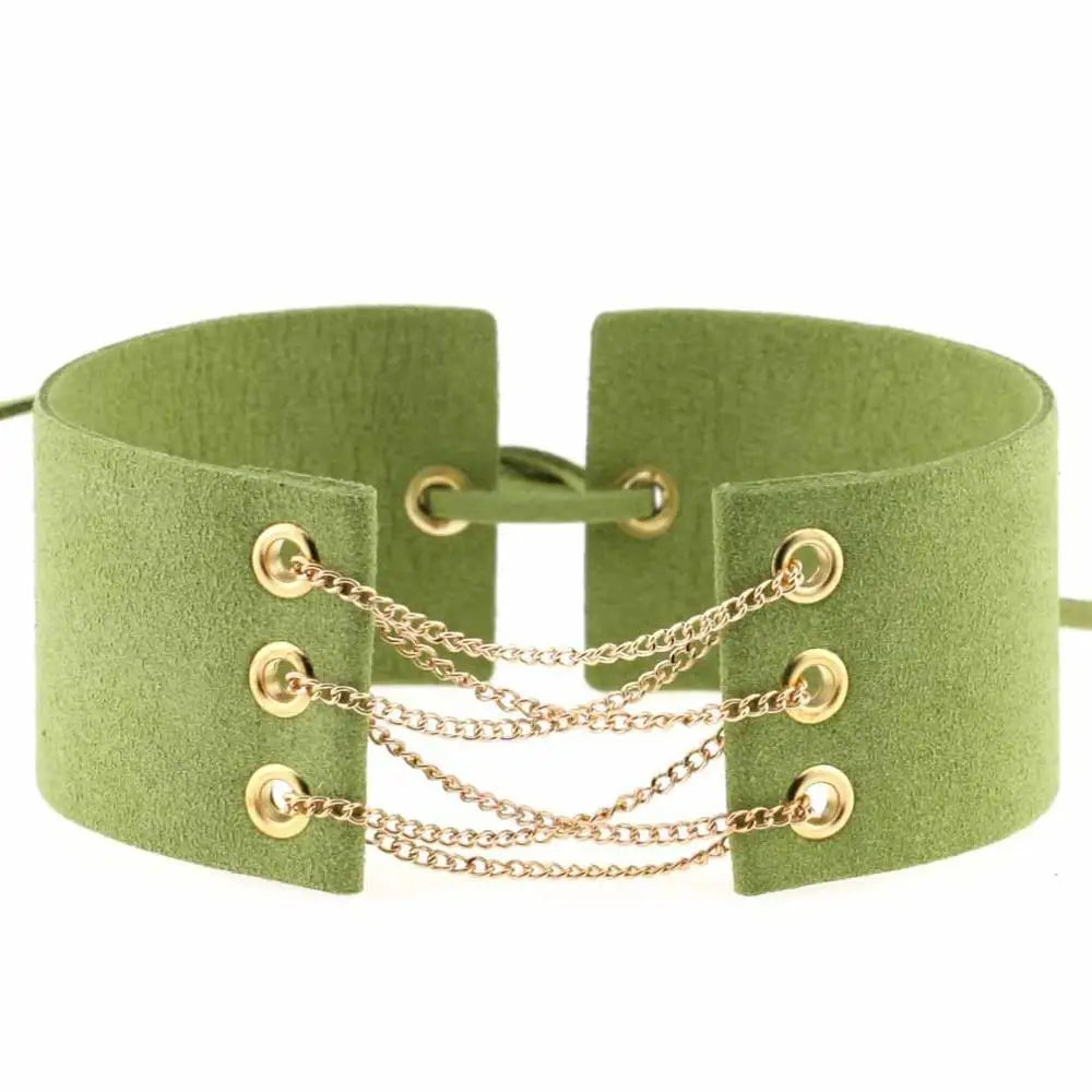 Glamorous Black Velvet Choker Necklace with Gold Silver Chain and Lace-Up Design