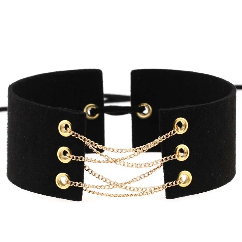 Glamorous Black Velvet Choker Necklace with Gold Silver Chain and Lace-Up Design