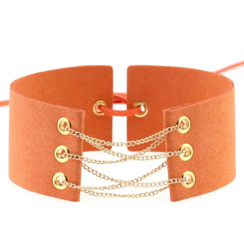 Glamorous Black Velvet Choker Necklace with Gold Silver Chain and Lace-Up Design