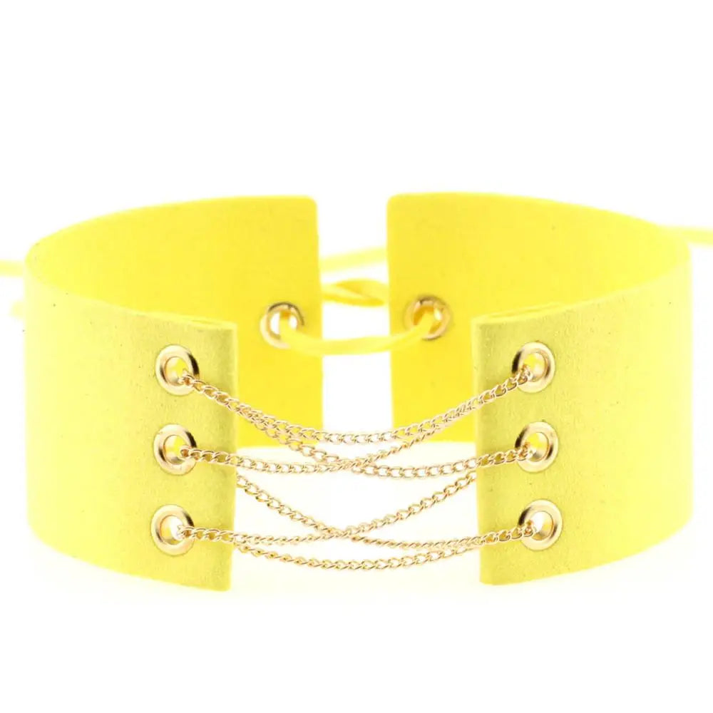Glamorous Black Velvet Choker Necklace with Gold Silver Chain and Lace-Up Design