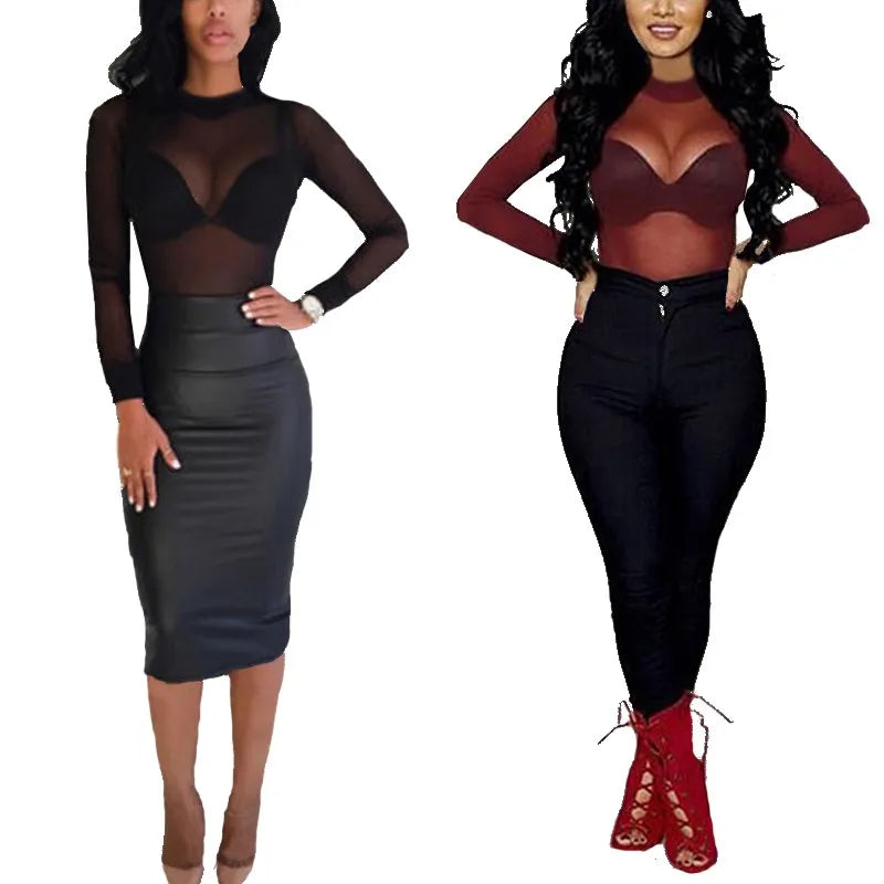 Dozw Women See Through Mesh Top Long Sleeve Turtleneck
