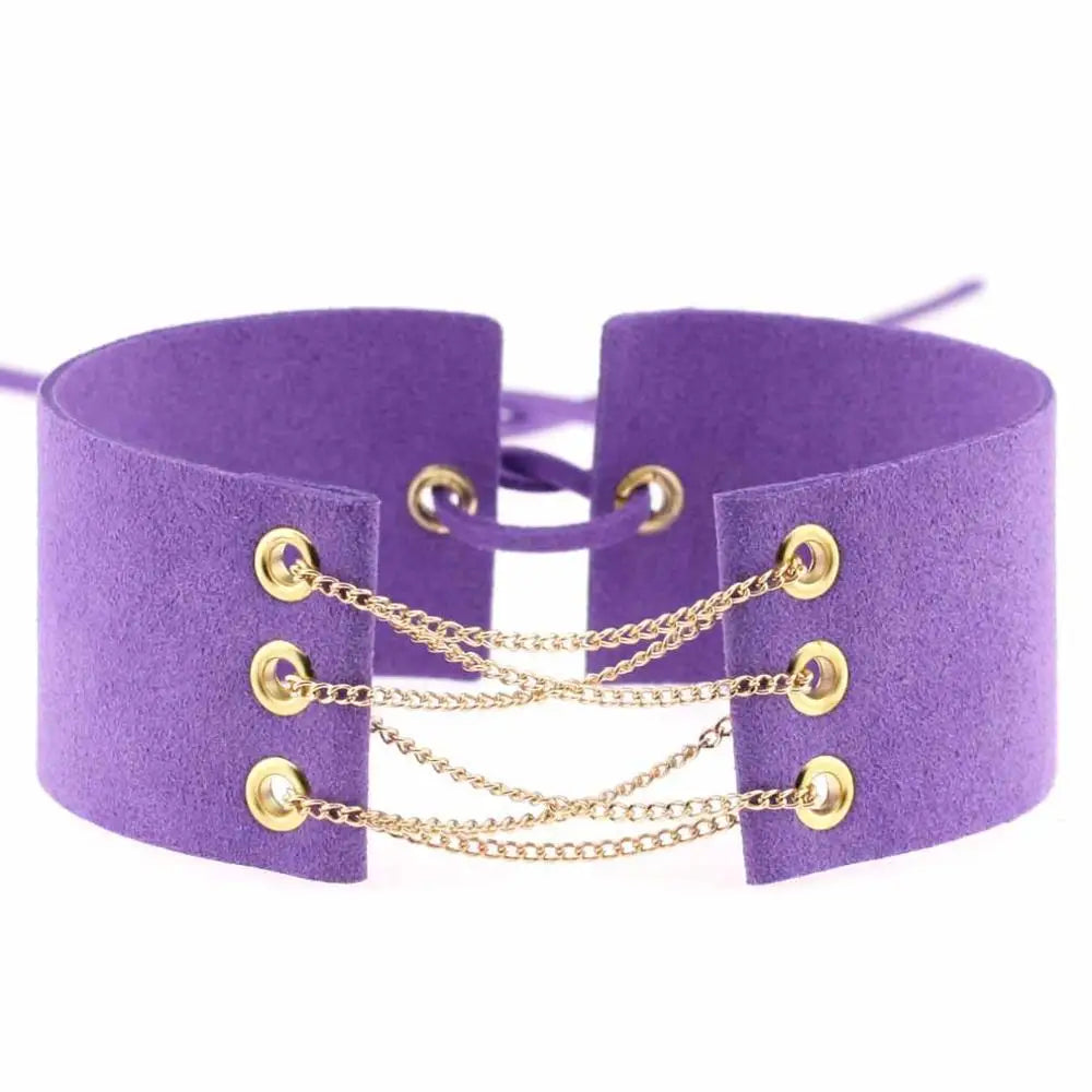 Glamorous Black Velvet Choker Necklace with Gold Silver Chain and Lace-Up Design