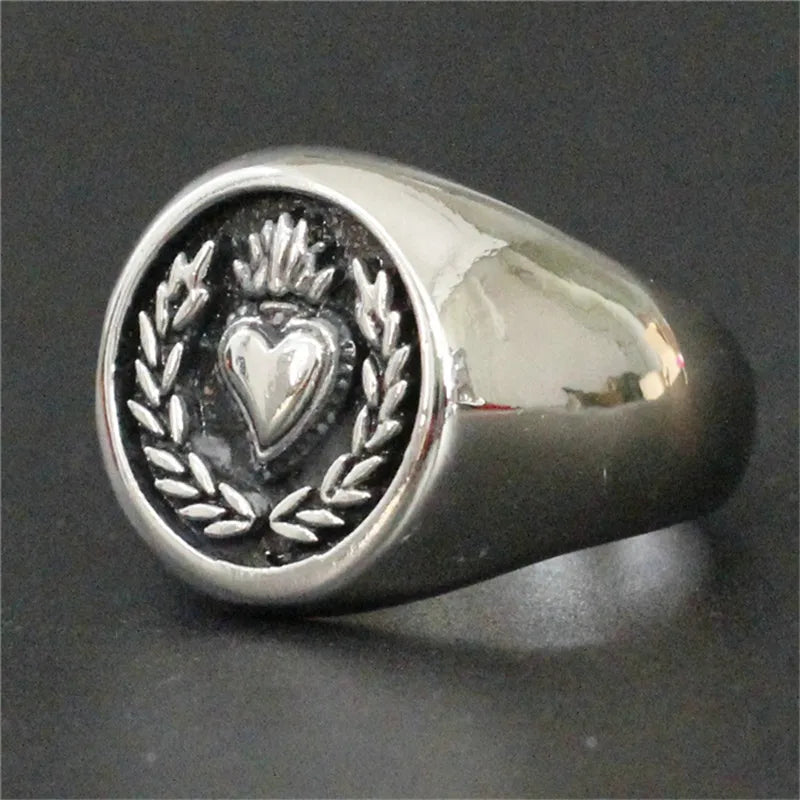 Elegant Love Heart Olive Branch Ring for Men - 316L Stainless Steel Jewelry