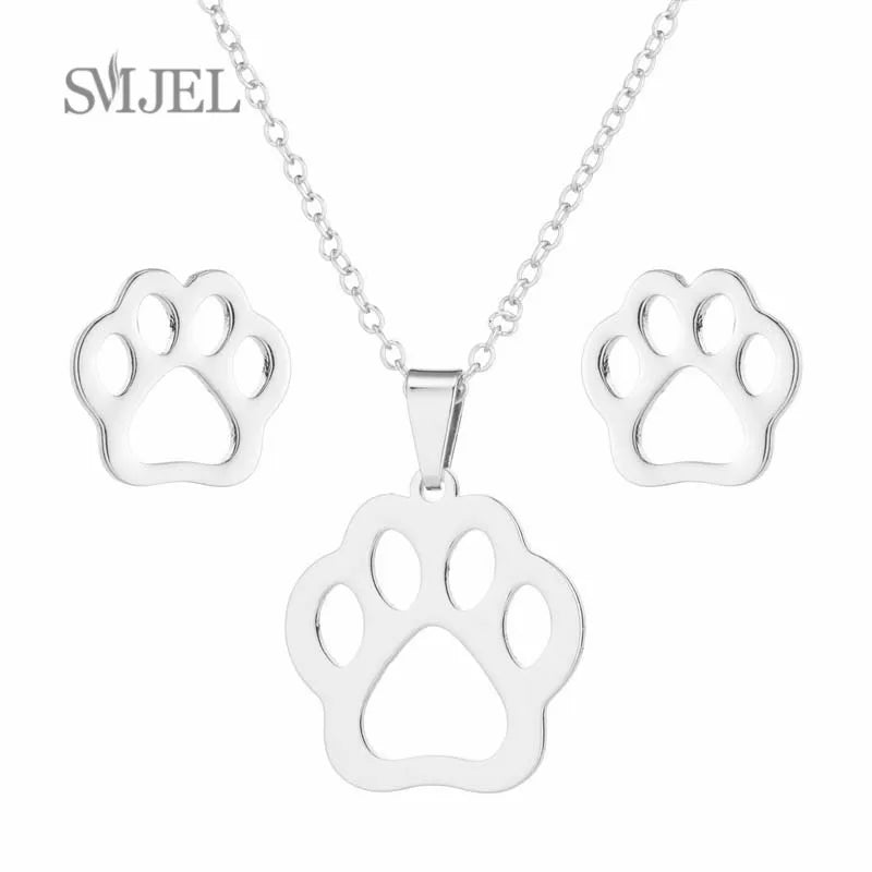 Elegant Stainless Steel Animal Necklace for Women - Rabbit Charm and Paw Print Design