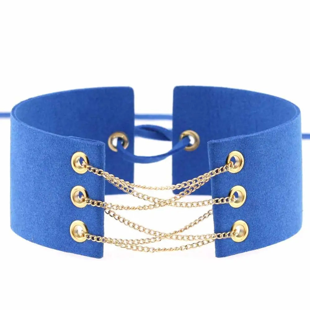 Glamorous Black Velvet Choker Necklace with Gold Silver Chain and Lace-Up Design