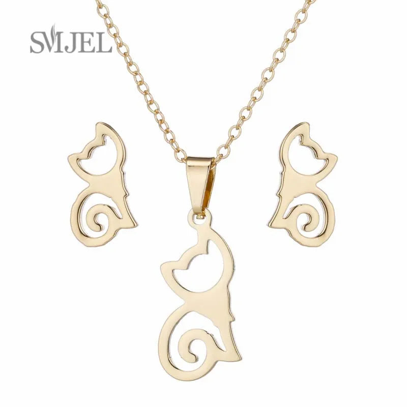 Elegant Stainless Steel Animal Necklace for Women - Rabbit Charm and Paw Print Design