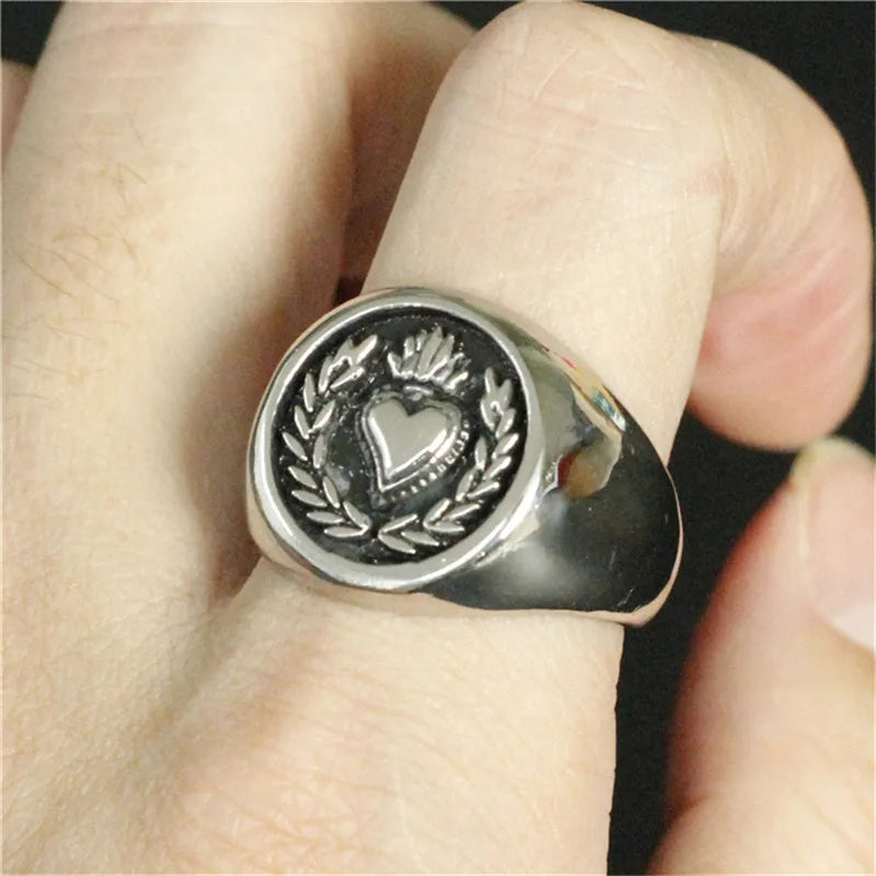 Elegant Love Heart Olive Branch Ring for Men - 316L Stainless Steel Jewelry