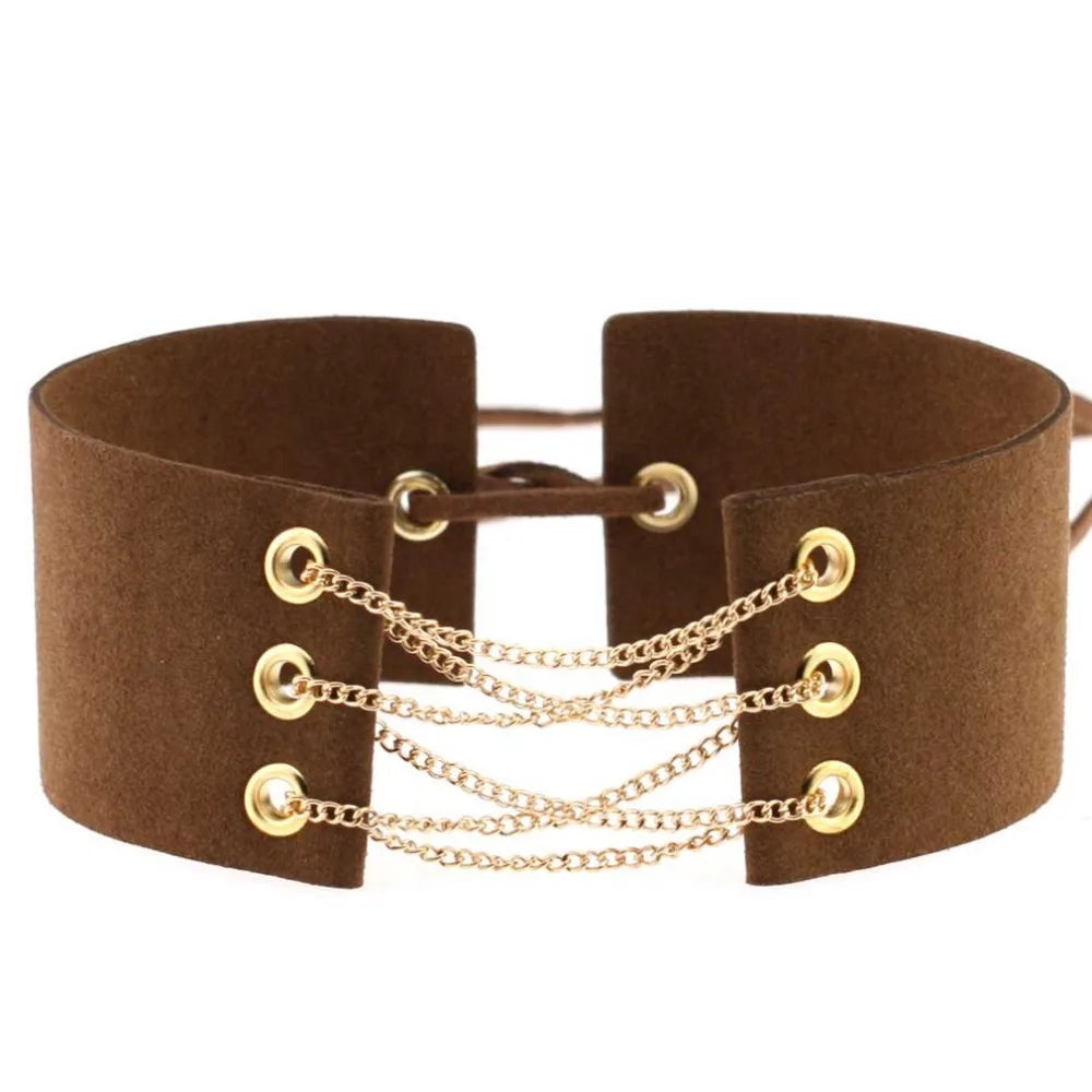 Glamorous Black Velvet Choker Necklace with Gold Silver Chain and Lace-Up Design