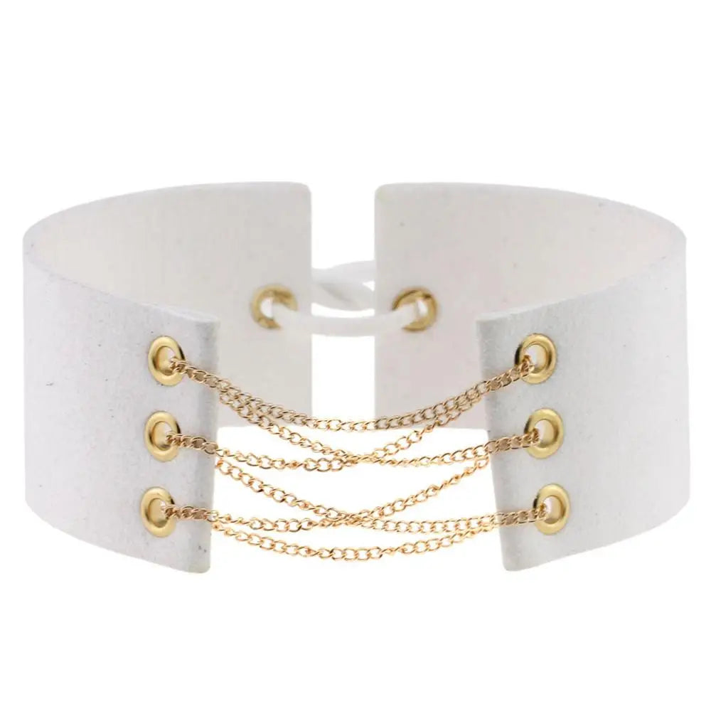 Glamorous Black Velvet Choker Necklace with Gold Silver Chain and Lace-Up Design