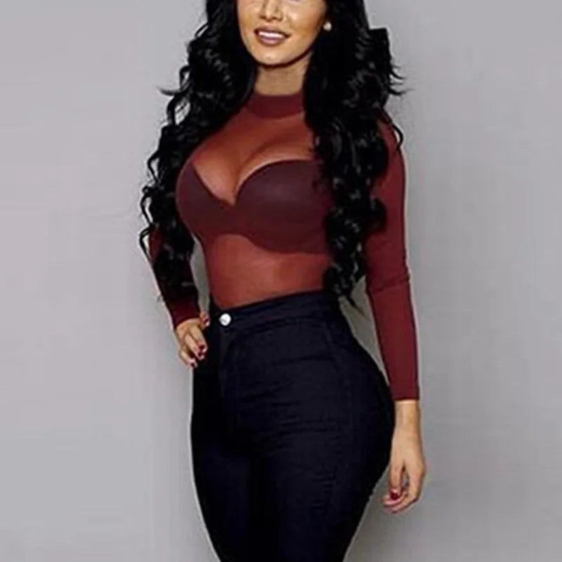 Dozw Women See Through Mesh Top Long Sleeve Turtleneck