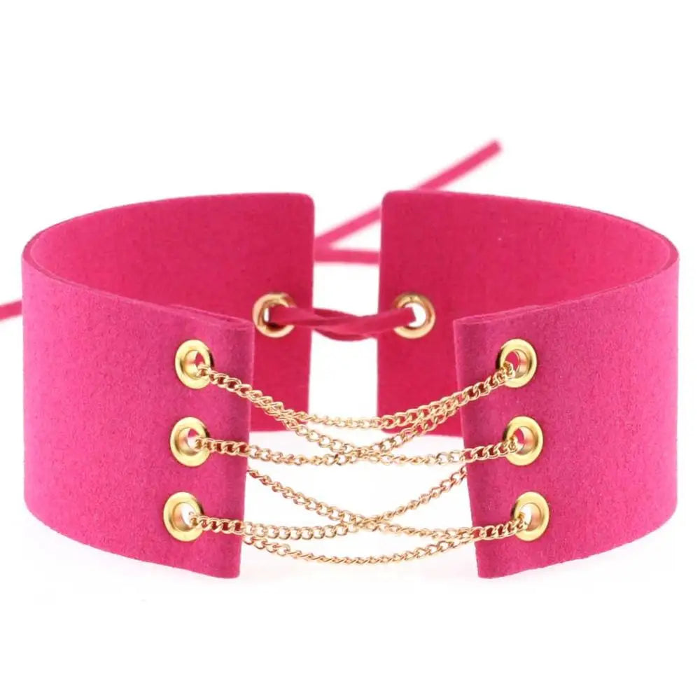 Glamorous Black Velvet Choker Necklace with Gold Silver Chain and Lace-Up Design