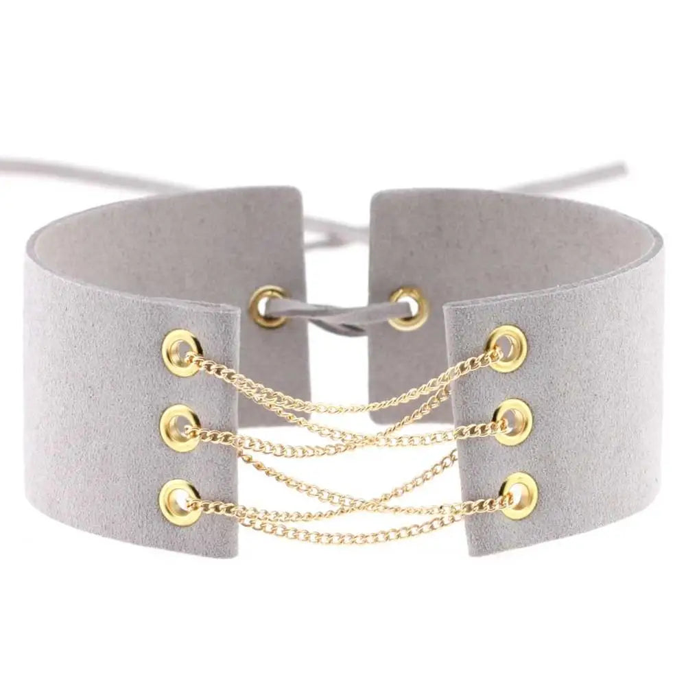 Glamorous Black Velvet Choker Necklace with Gold Silver Chain and Lace-Up Design