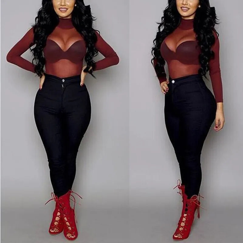 Dozw Women See Through Mesh Top Long Sleeve Turtleneck