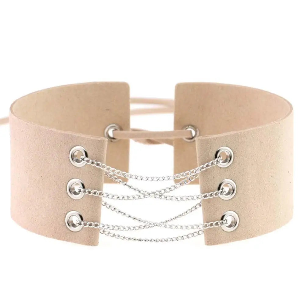 Glamorous Black Velvet Choker Necklace with Gold Silver Chain and Lace-Up Design