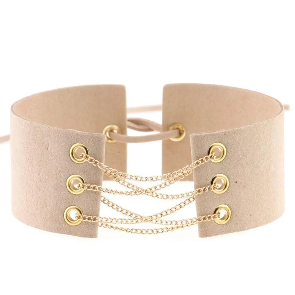 Glamorous Black Velvet Choker Necklace with Gold Silver Chain and Lace-Up Design