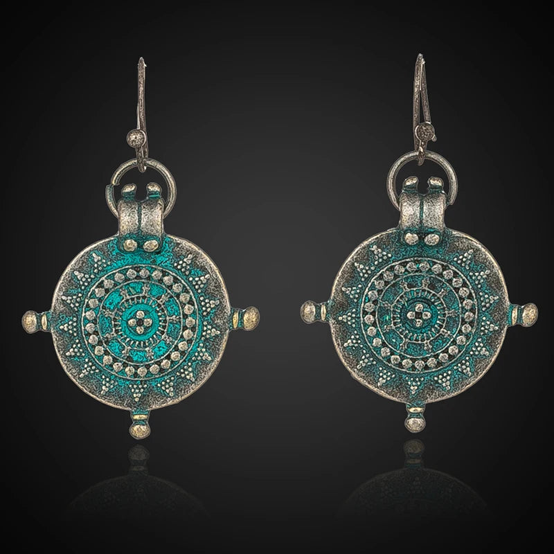 Vintage Ethnic Irregular Wheel Carved Copper Alloy Pendant Earrings for Weddings and Parties