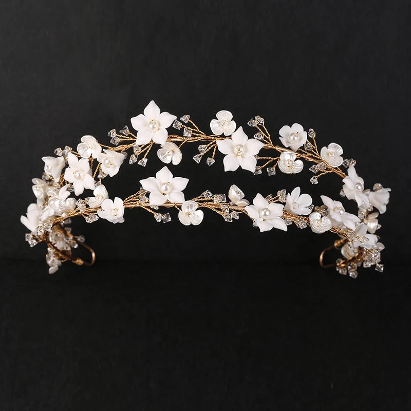 Elegant Crystal Wedding Headband Crown with Handmade Ceramic Flowers