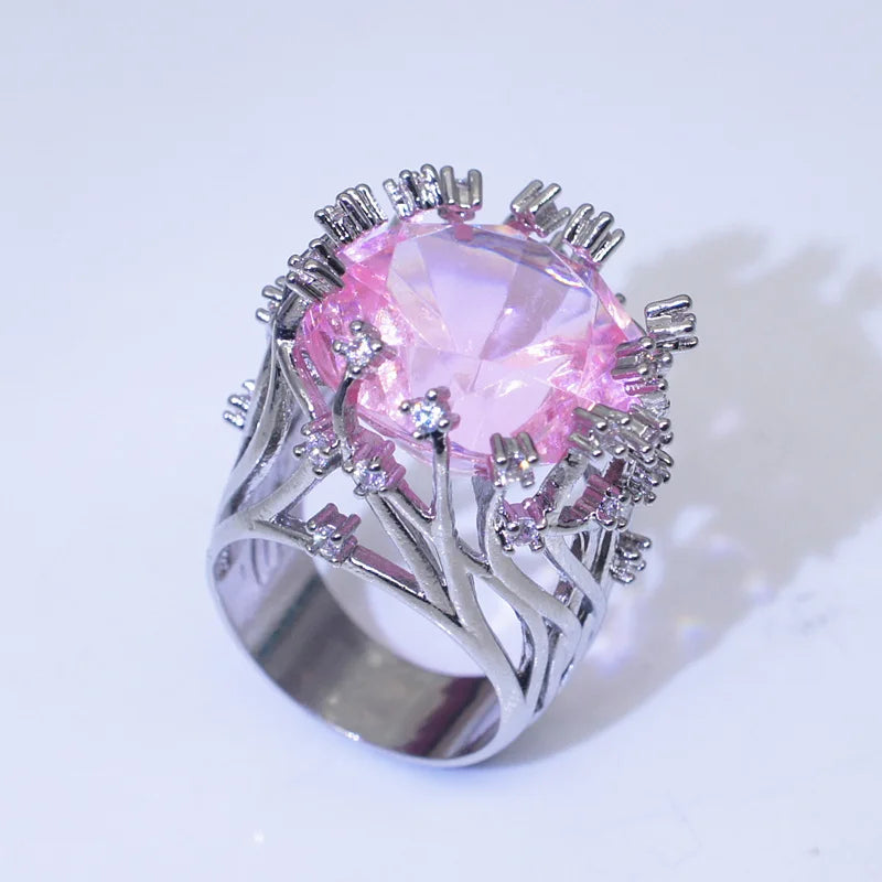 New 925 Sterling Silver Exaggerated Pink Crystal Zircon Ring for Women Elegant Wedding Jewelry Gift