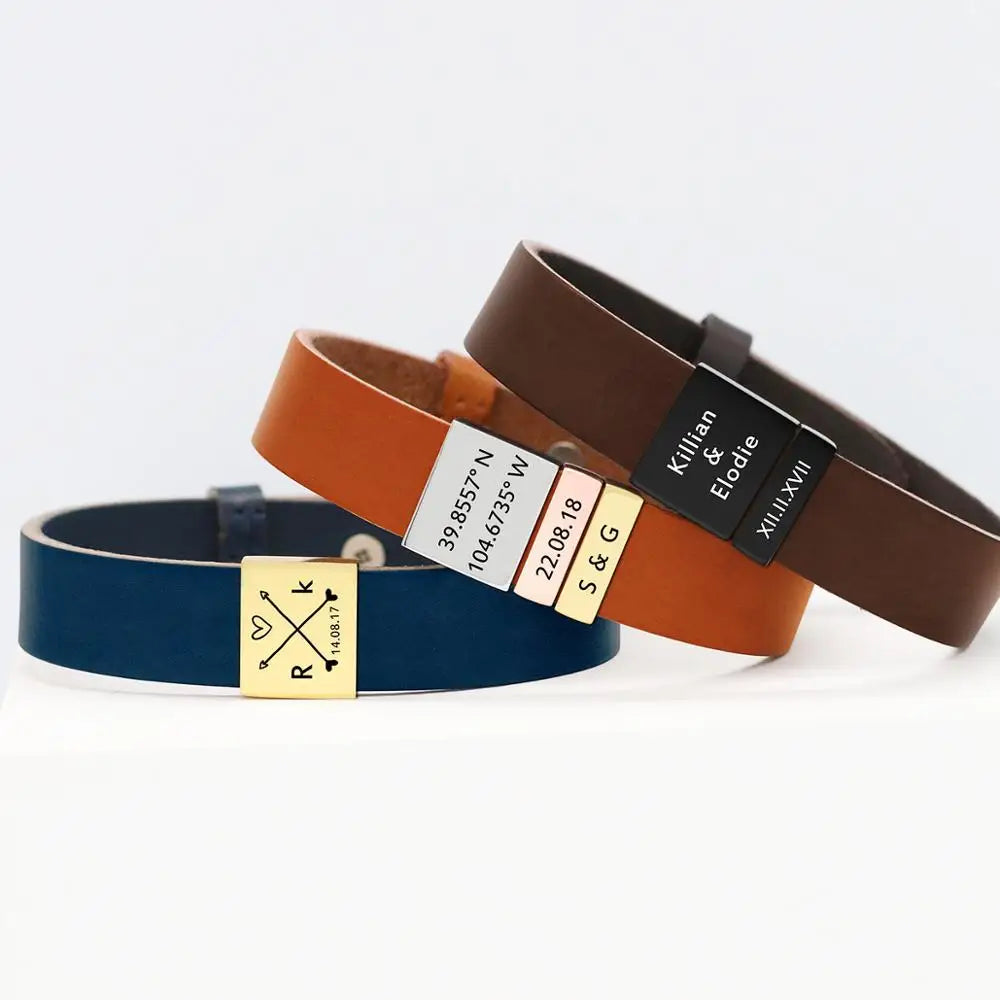Custom Engraved Leather Bracelet for Men - Personalized Anniversary Gift with Kids Names or Coordinates