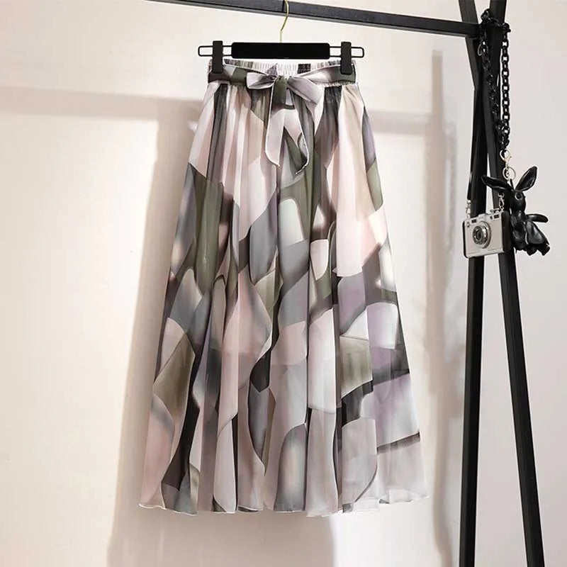 Chiffon Midi Skirt Women High Waist Korean Style White