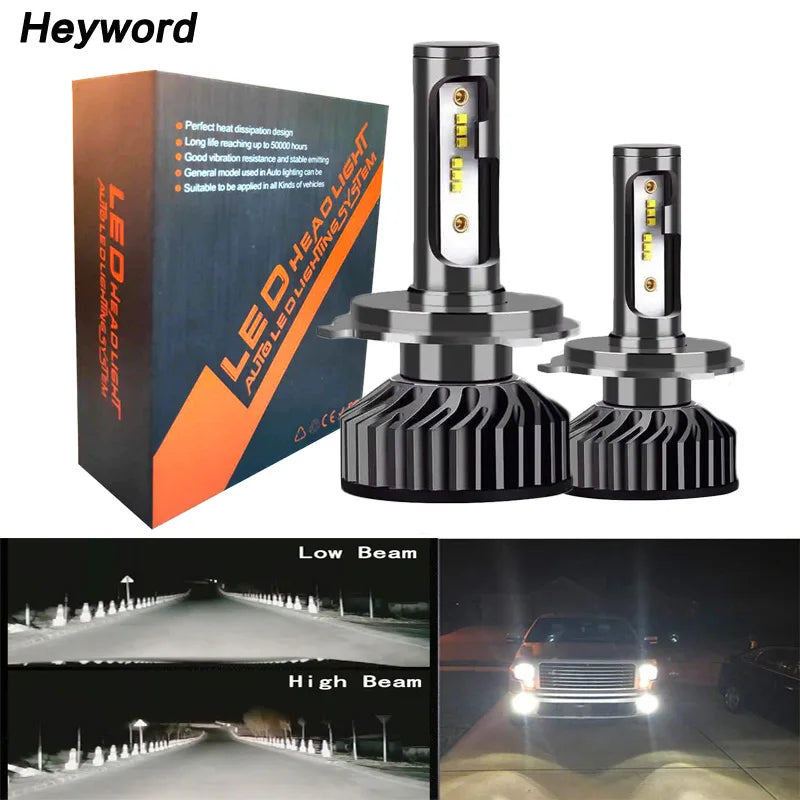 Heyword H4 H7 LED Headlight 22000LM 6500K White Universal
