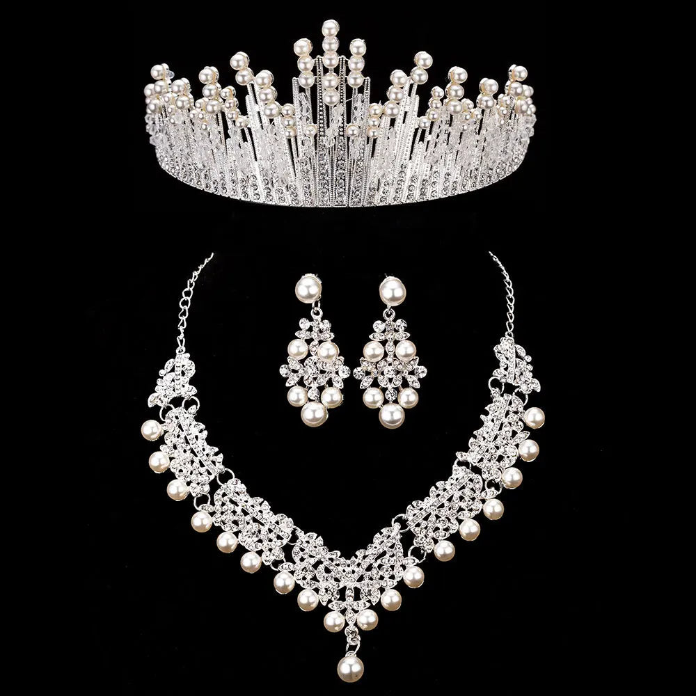 Bride's Crystal Pearl Jewelry Set - Stunning Rhinestone Choker, Earrings & Tiara for Your Dream Wedding