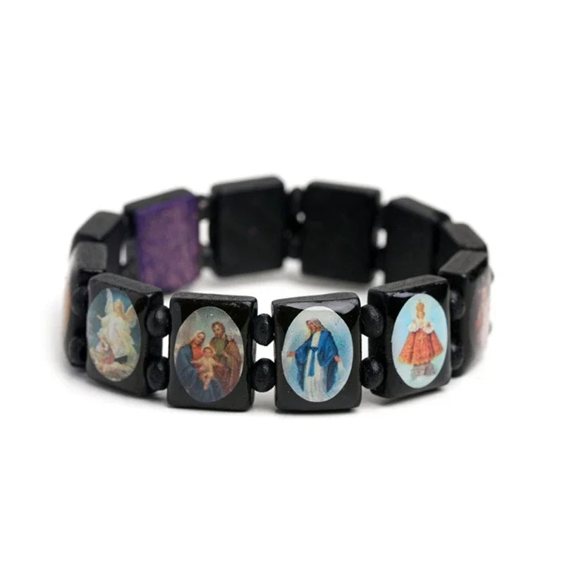 Colorful Wooden Rosary Bracelet with Elastic Beaded Design for Religious Devotion