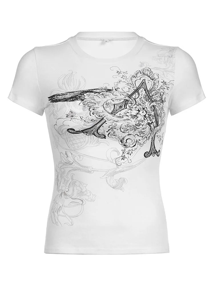 Retro Graphic Crop Top White O Neck Tee For Women Y2K Style