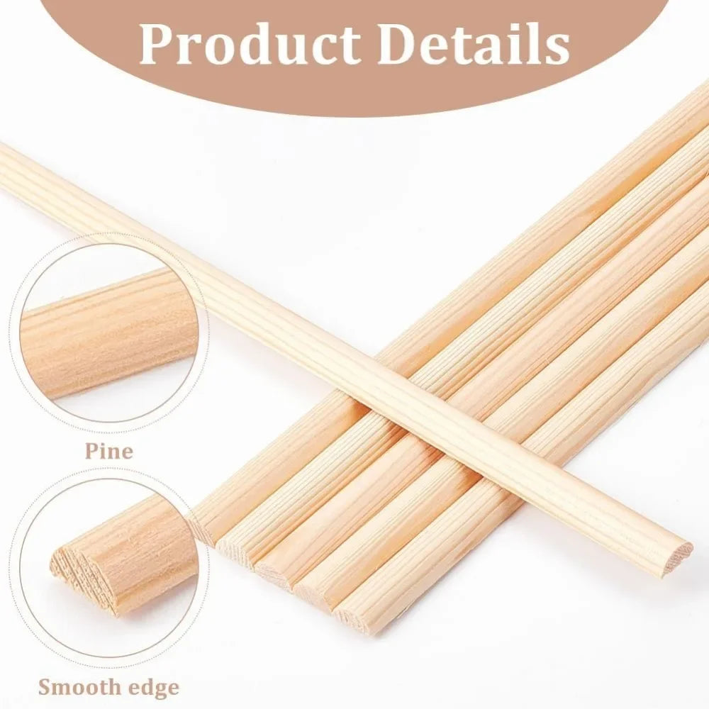 Natural Half Round Wood Sticks 30 Pack - Unfinished 11.8 Inch Wooden Dowels for Crafting and DIY Projects