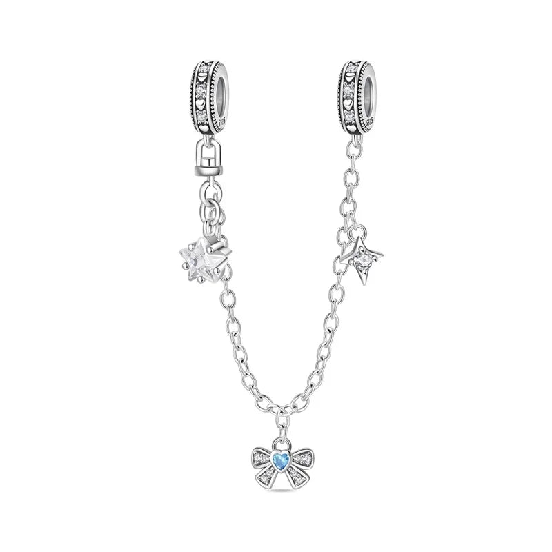 925 Sterling Silver Clover Daisy Star Moon Pavé Safety Chain Bow Necklace and Bracelet Set Luxury Fine Jewelry for Women