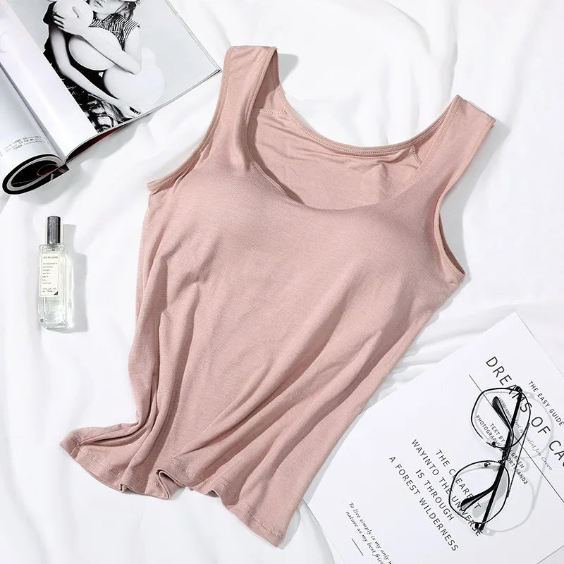 2023 Women’s Slim Fit Vest Tops with Built-In Bra Padded Neck Tank Casual Solid Color Shirts
