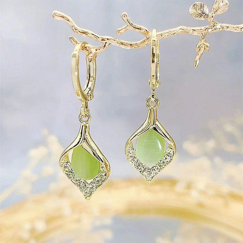 Korean Angel Eye Gold-Plated Hoop Earrings with Rhinestone Tulip Design for Women Green