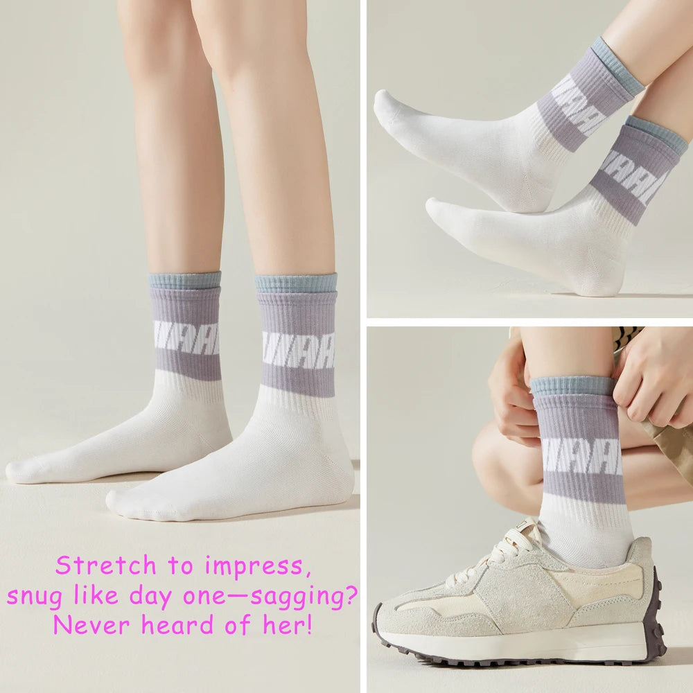 5 Pairs Colorful Breathable Cotton Mid Calf Athletic Socks
