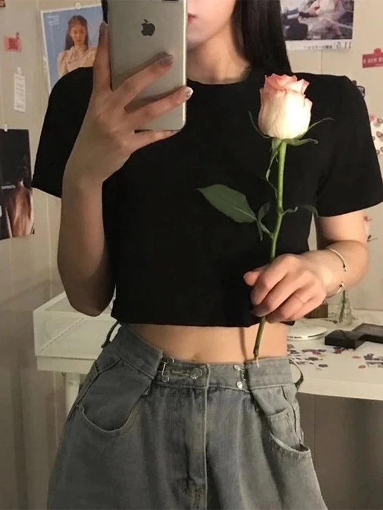 Cropped Slim Women Tee Korean Streetwear Preppy Chic