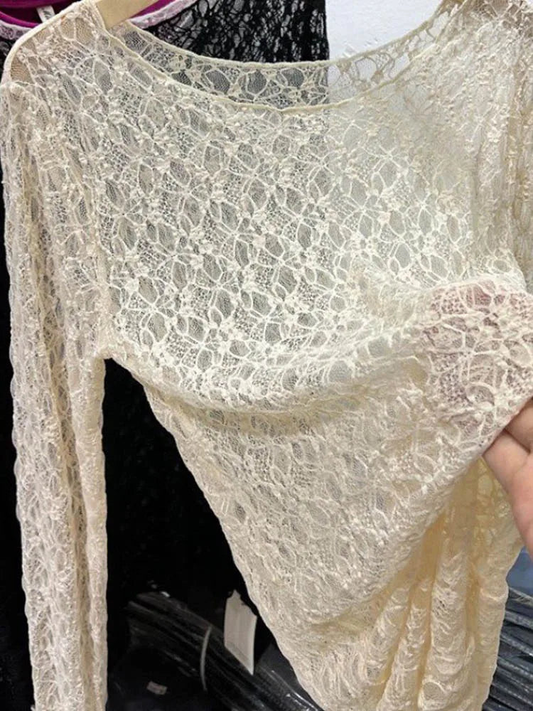 Women Long Sleeve Sexy Slim Lace Top Spring Autumn 2025