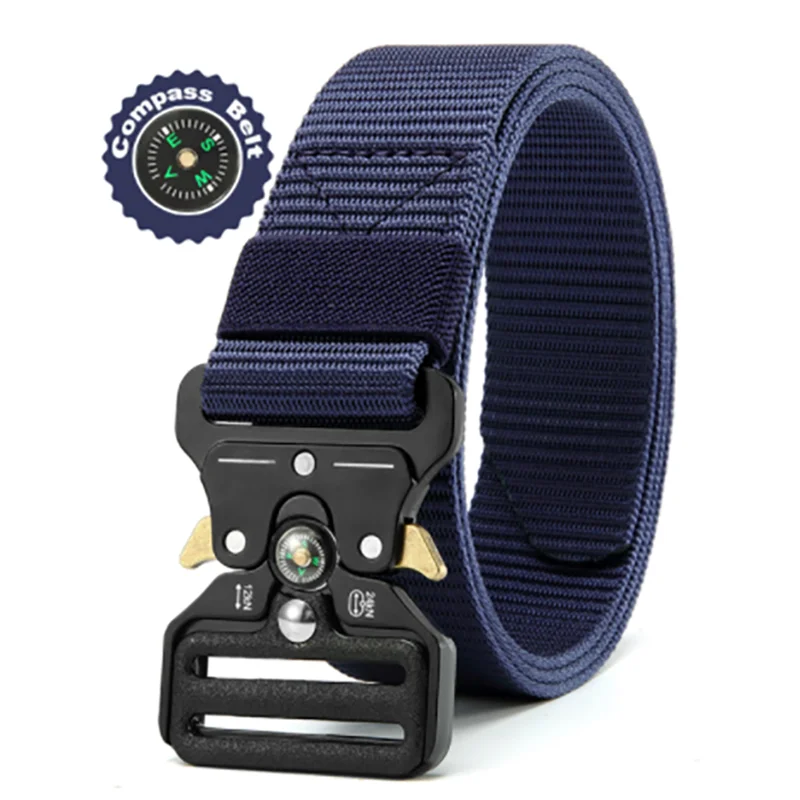 Men's Belt Outdoor Multi Function Compass High Quality Canvas Navy Blue 125cm