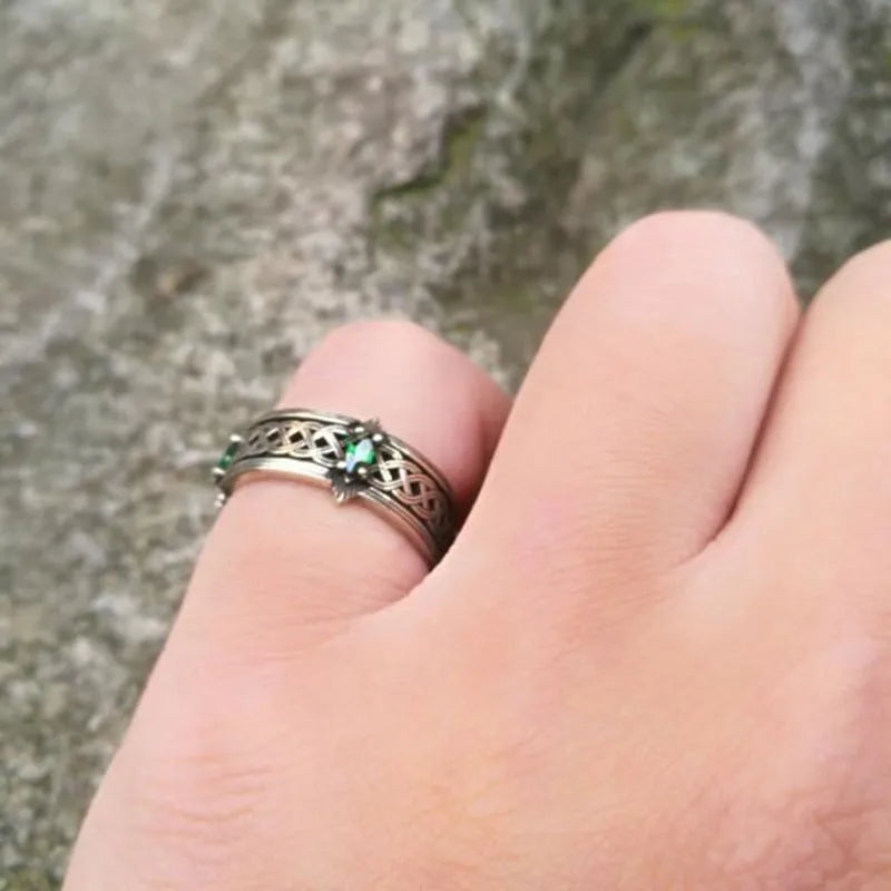 Vintage Green Gemstone Celtic Knot Adjustable Ring for Men and Women