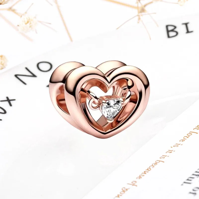 Rose Gold Winged Angel Heart Charm Bead Pink Daisy Spacer