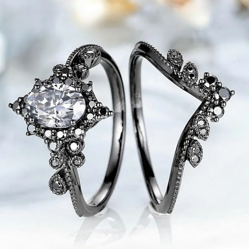 Elegant Black Stone Flower Rings Set for Women - Classic Party Jewelry Gift