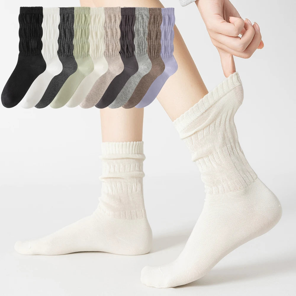 Womens Breathable Mid Calf Cotton Socks Elastic Wave Cuff
