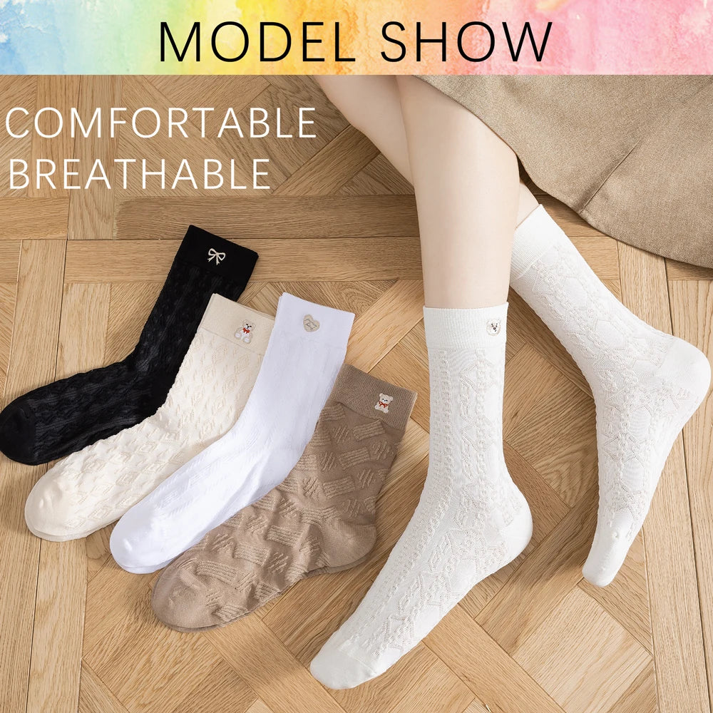 Kawaii Japanese Embroidered Cotton Mid Calf Socks 5 Pairs