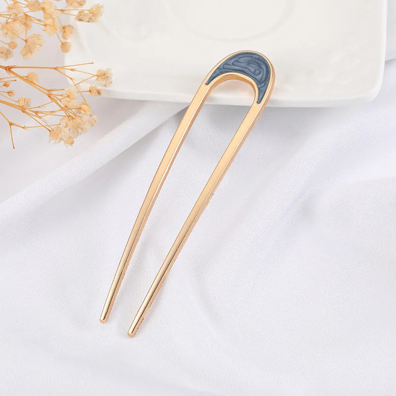 Elegant Turquoise Enamel Shell Hairpin for Women Luxury Metal U Shape Hair Stick