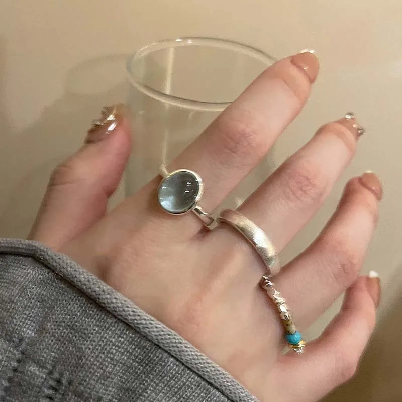 Hip Hop Blue Zircon Curved Matte Metal Ring for Women Retro Fashion Jewelry