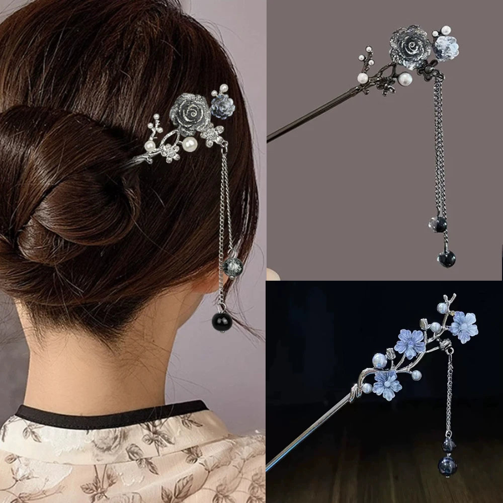 Elegant Chinese Flower Tassel Hair Stick With Black Beads For Women