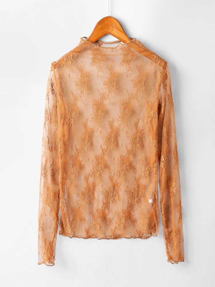 Summer Lace Embroidered Mesh Blouse See Through Black Top