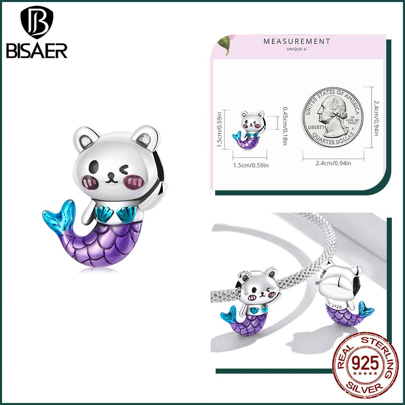BISAER Ocean Charm 925 Sterling Silver Dolphin and Mermaid Bead with Blue CZ for DIY Jewelry ECC877 CHINA