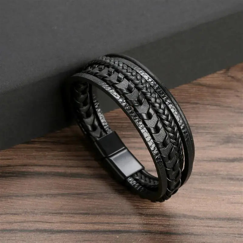 Men's Leather Bracelet with Stainless Steel Tree of Life Charm - Stylish Multi-Layer Fashion Accessory